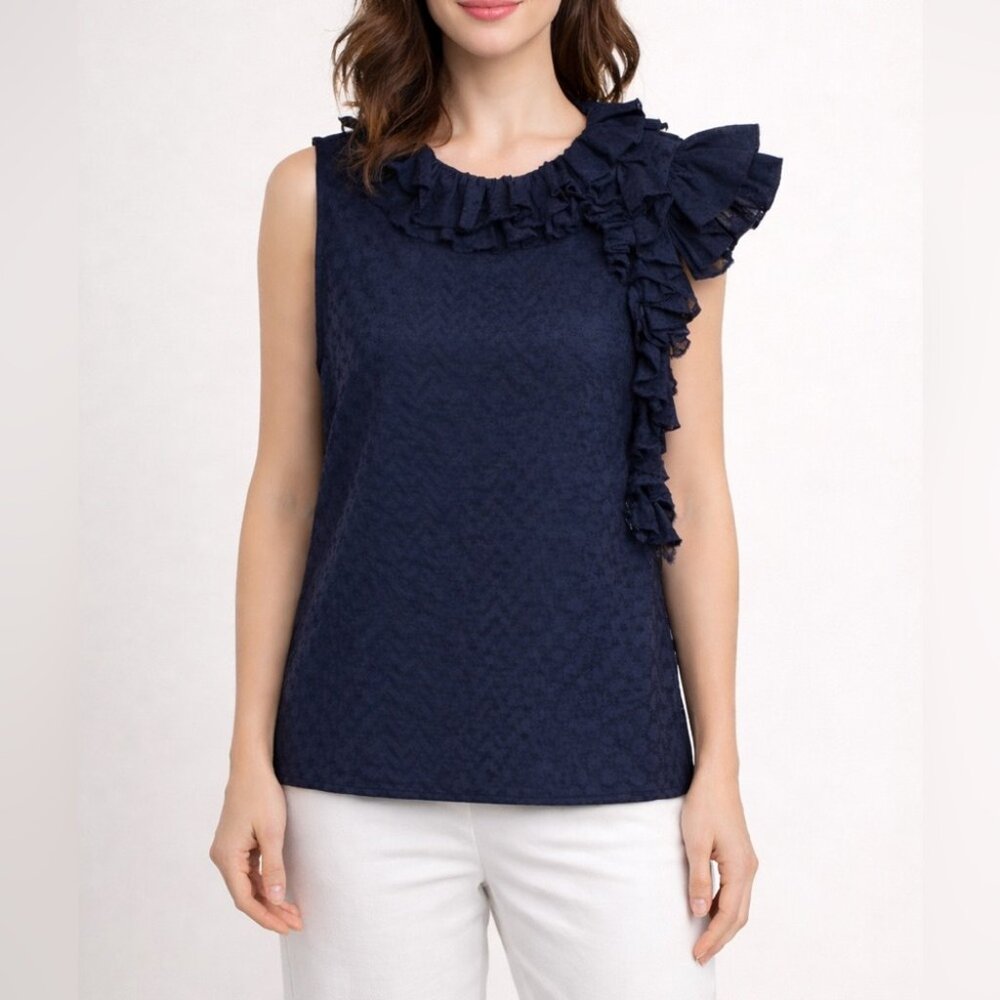 CO. Collections Bateau Neckline Short Sleeve Eyelet Lace Blouse Top